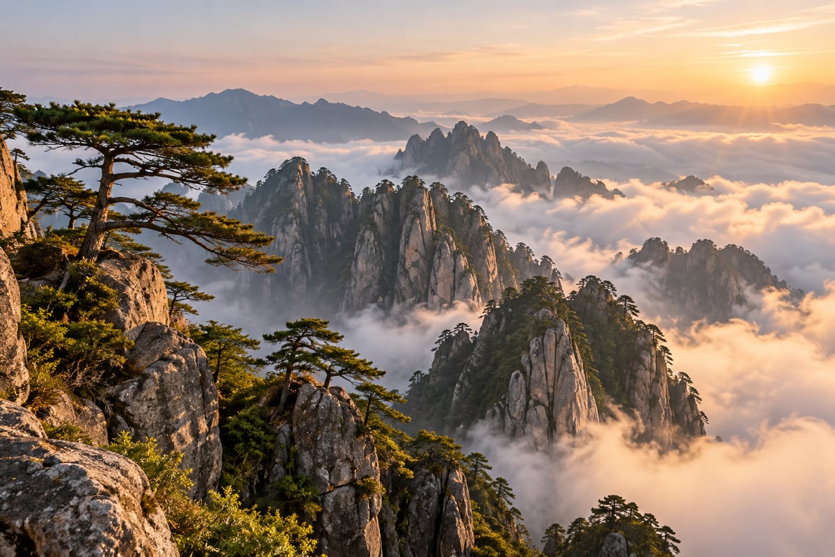 目的地黄山：云海中的山峰与松树（主题配图）